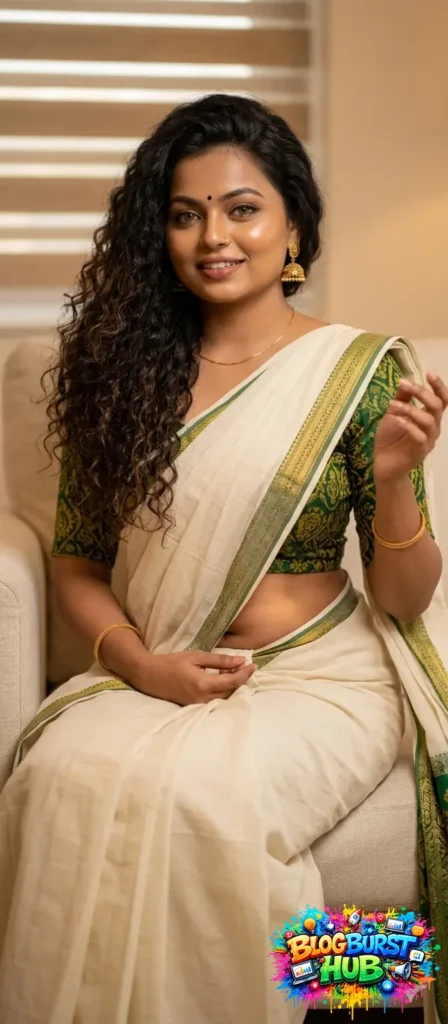 woman in Kerala kasavu saree with green blouse traditional saree style 2026