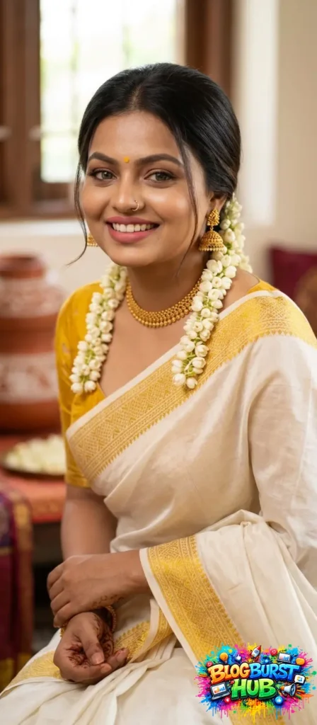woman wearing white silk saree with golden border traditional look Gemini AI saree trend 2026
