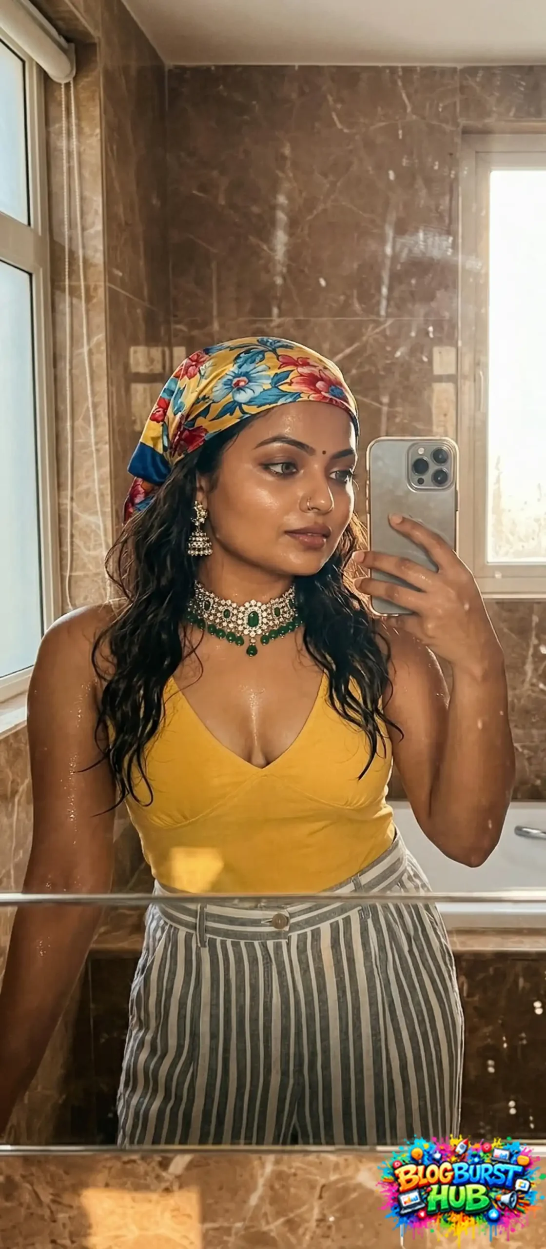fashionable woman taking mirror selfie in bathroom with stylish outfit