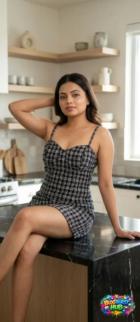 woman in stylish dress sitting on kitchen counter in modern home
