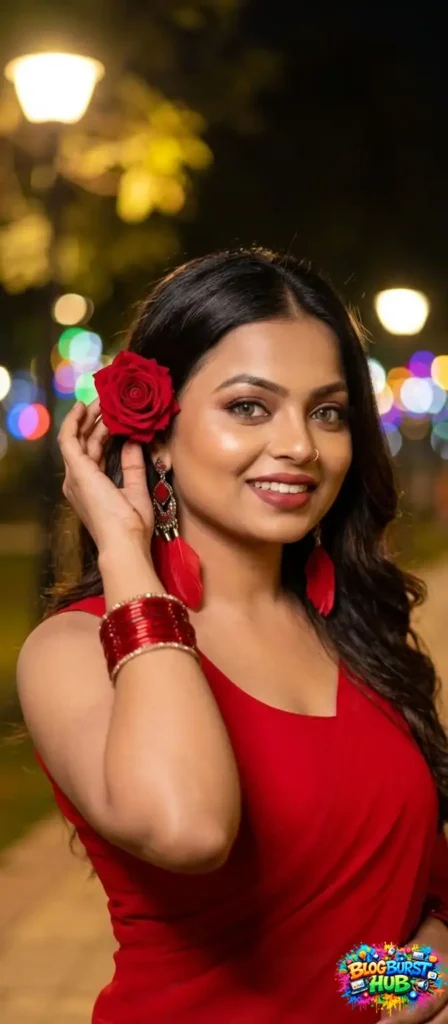 woman in red dress posing at night with glowing lights in background