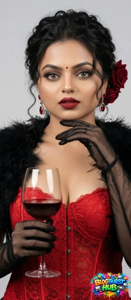 elegant woman in red outfit holding a glass of wine in a luxury setting