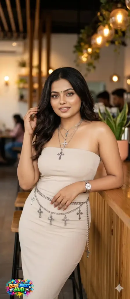 glamorous woman in beige dress posing in a stylish café with warm lighting