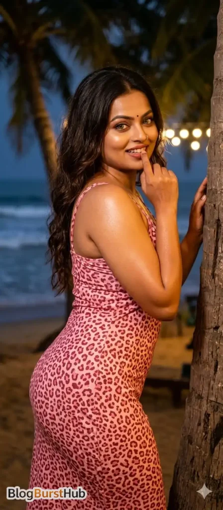glamorous woman posing near a palm tree at night beach wearing a patterned party dress
