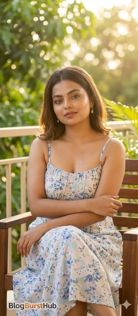 glamorous woman sitting on a wooden chair outdoors during golden hour wearing a floral dress