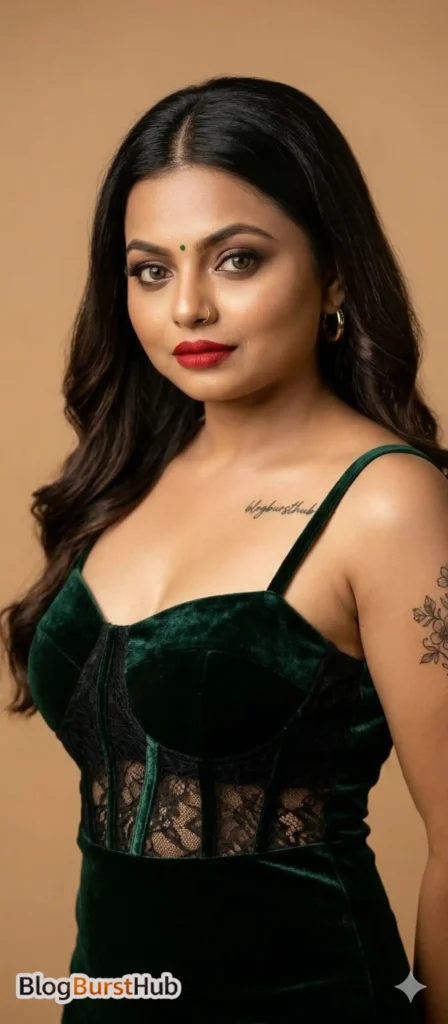 glamorous woman wearing dark green velvet outfit beauty portrait with elegant makeup