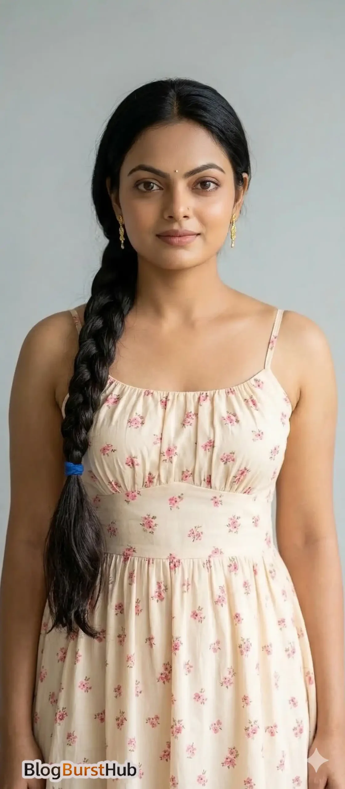 ai glamorous prompt beautiful woman wearing a soft floral dress with braided hair minimalist studio portrait