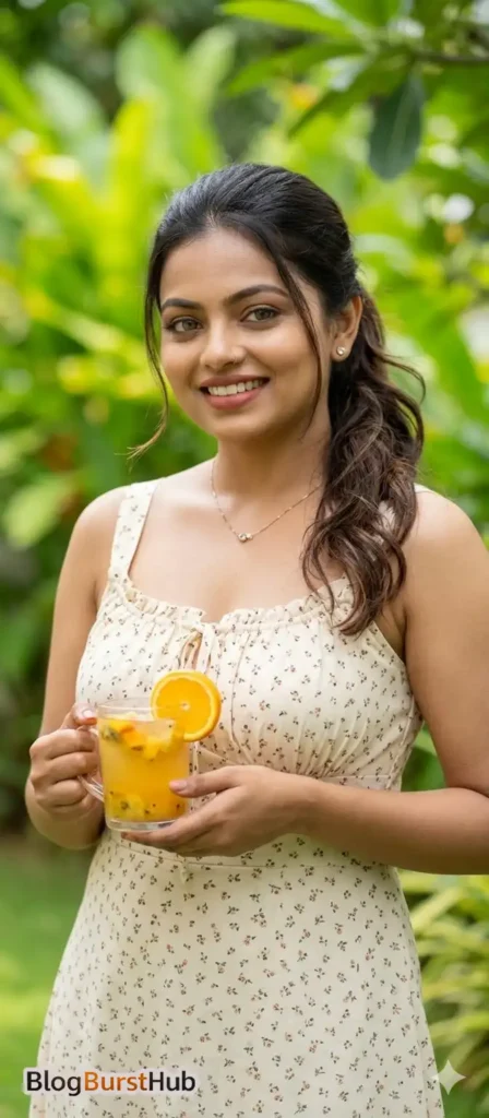 glamorous woman holding a refreshing drink standing in a green garden outdoor portrait