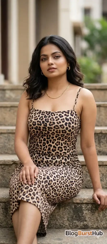 glamorous woman wearing leopard print dress sitting on stone steps outdoor portrait