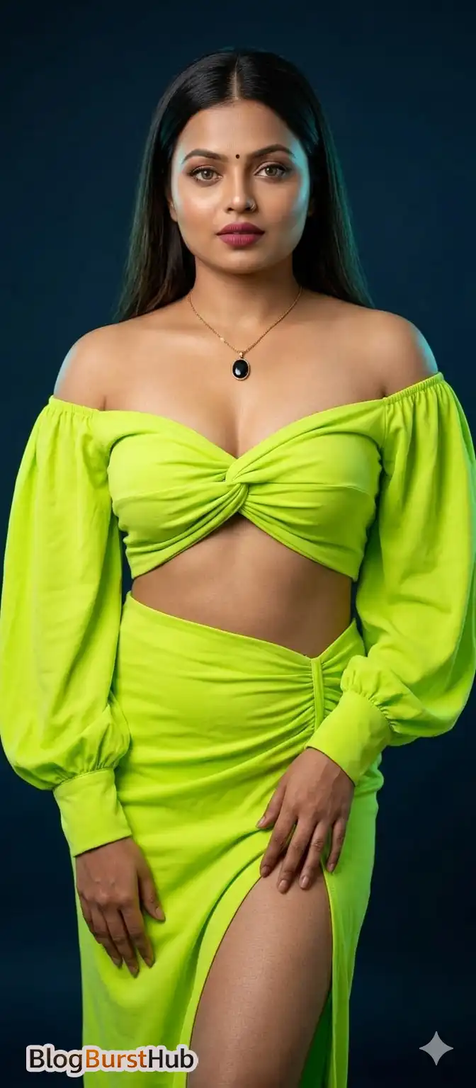 glamorous woman wearing neon green off shoulder party dress studio fashion portrait