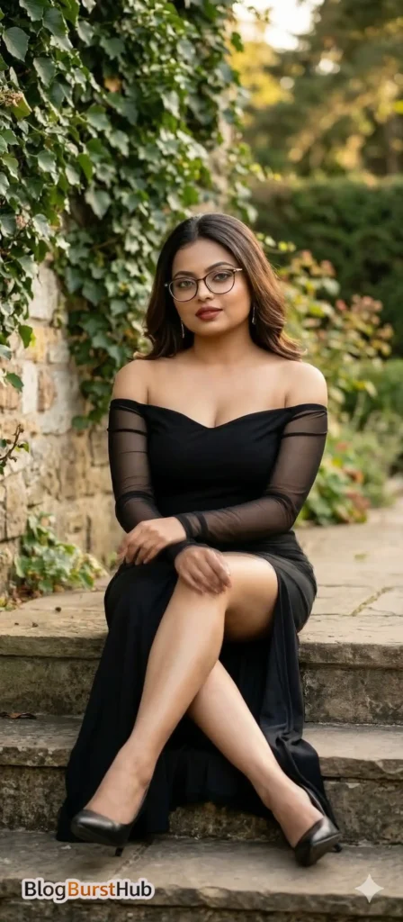 glamorous woman wearing elegant black dress sitting on stone steps outdoor fashion portrait