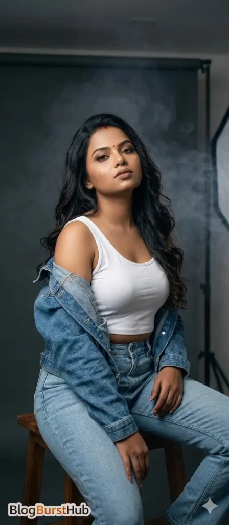 stylish woman wearing denim jacket and white crop top posing in a dramatic studio fashion portrait
