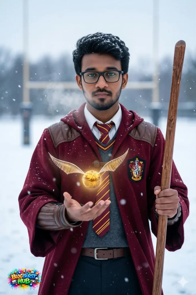 wizard holding glowing golden snitch in snowy magical scene