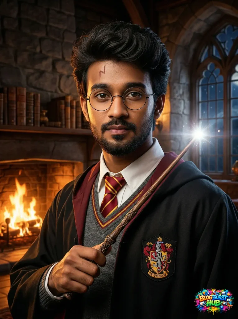 wizard casting spell with glowing wand in magical room