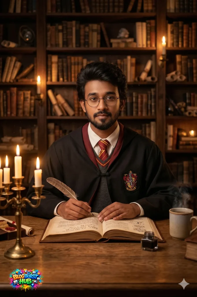 wizard writing in spell book with quill inside candlelit magical library