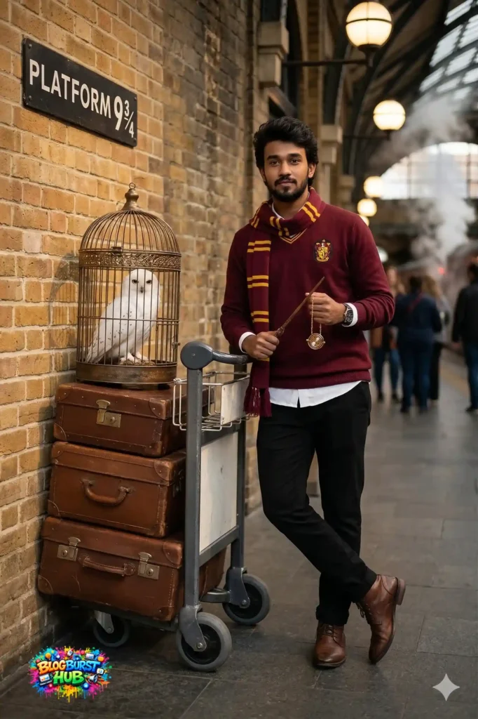 wizard standing at platform 9¾ with owl cage and luggage
