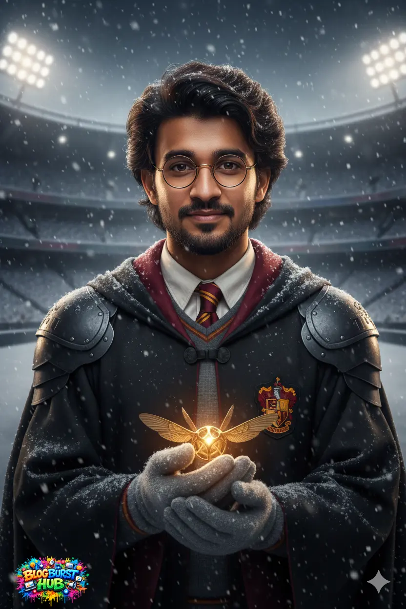 quidditch champion holding golden snitch in snowy stadium