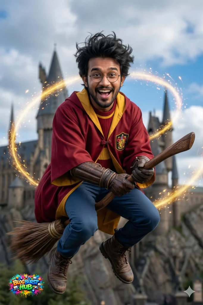 wizard flying on broomstick with magical spark trail in fantasy castle background