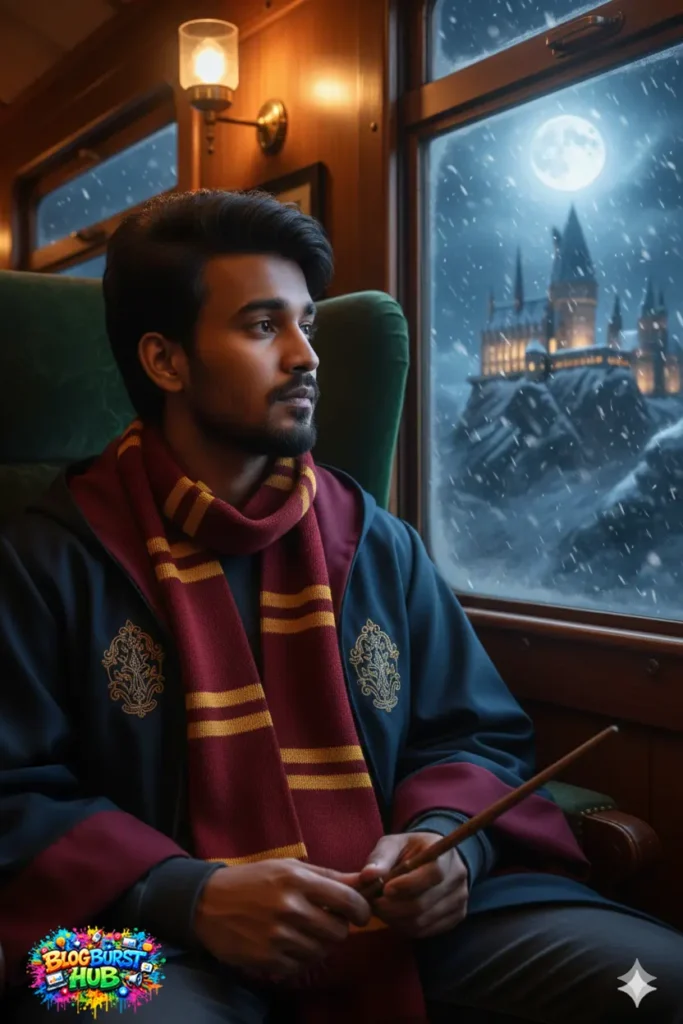wizard sitting in train looking at magical castle through snowy window