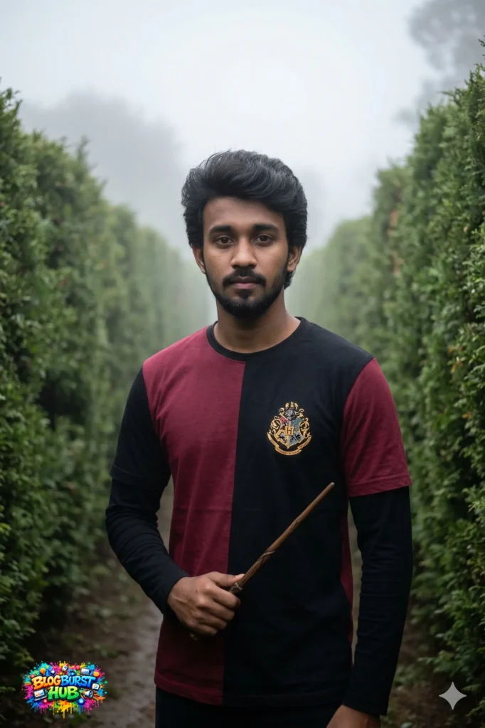 wizard holding wand standing in foggy forest magical setting
