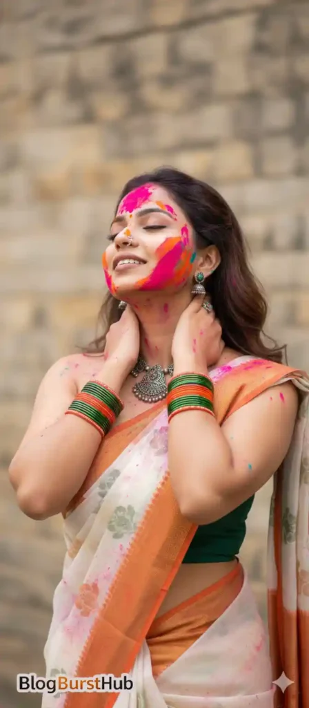 Woman wearing cream saree celebrating Holi with pink and orange gulal on face.