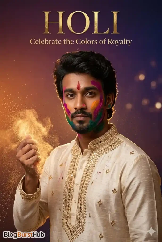 Cinematic Holi poster featuring man holding golden color powder with dramatic lighting.