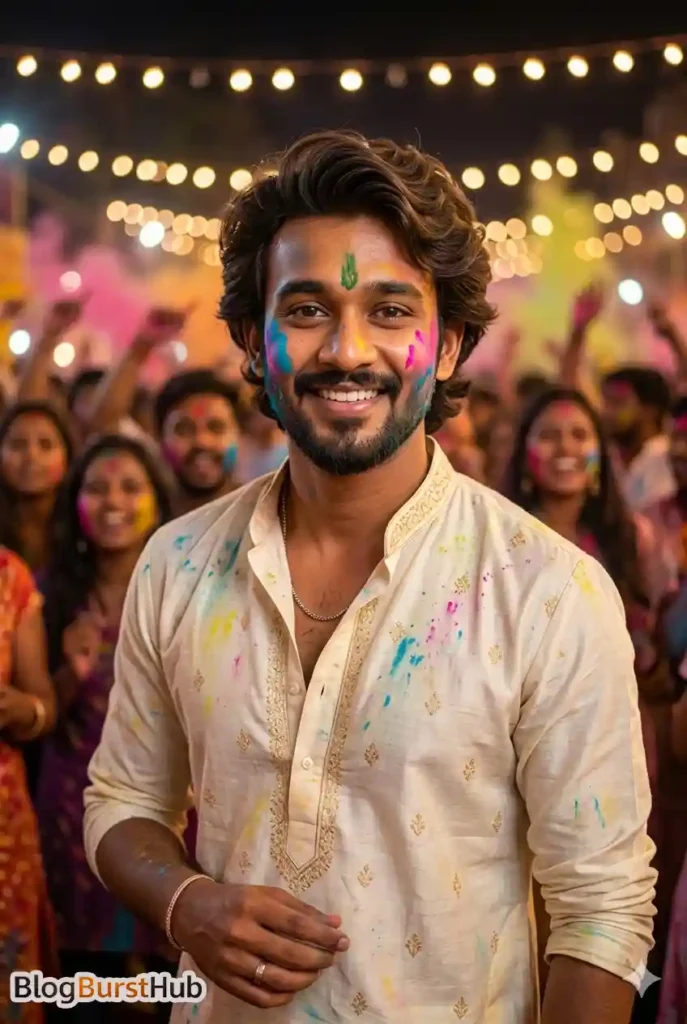 Young man smiling with colorful Holi powder on face, night celebration with warm festival lights in background.