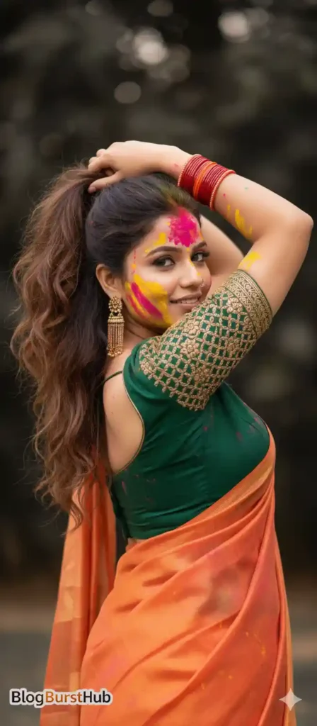 Woman in green blouse and orange saree celebrating Holi with colorful powder on face.