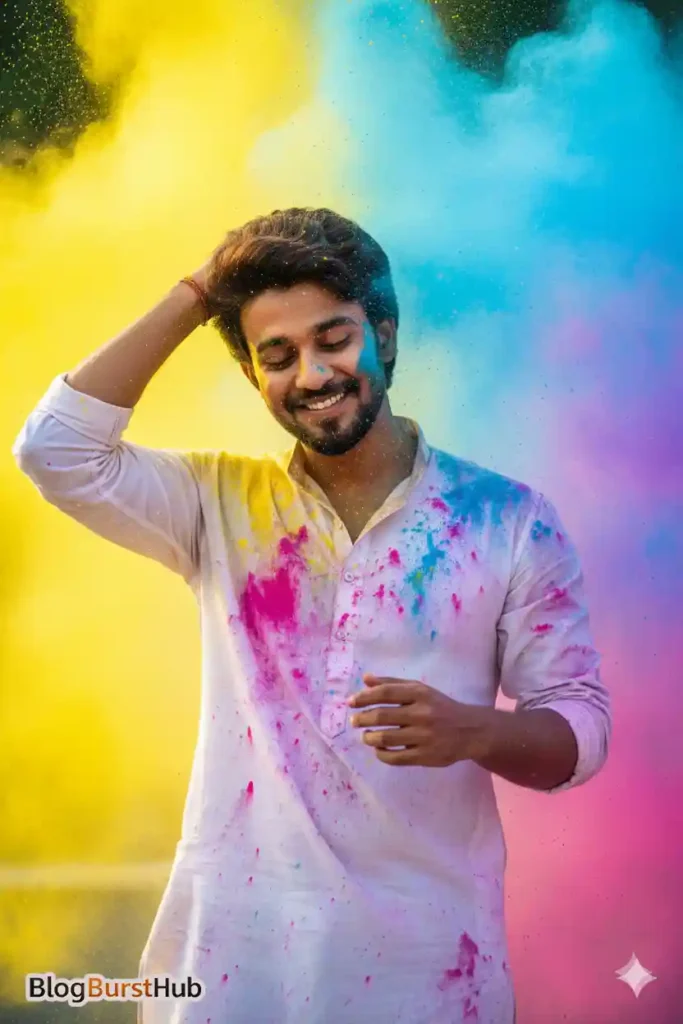 Man celebrating Holi with colorful powder explosion in yellow and blue background, vibrant festival photography.