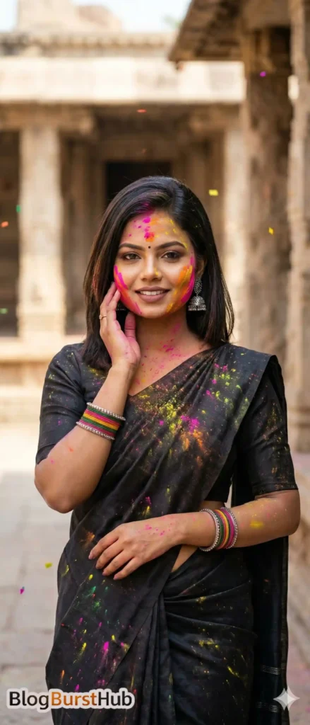 Woman wearing black saree with colorful Holi powder on face and outfit, traditional festive portrait.