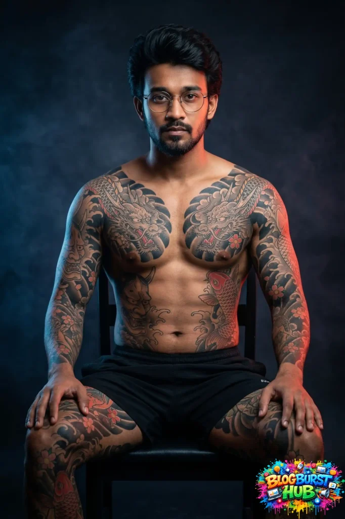 Samurai sitting calmly with full body tattoos in studio lighting