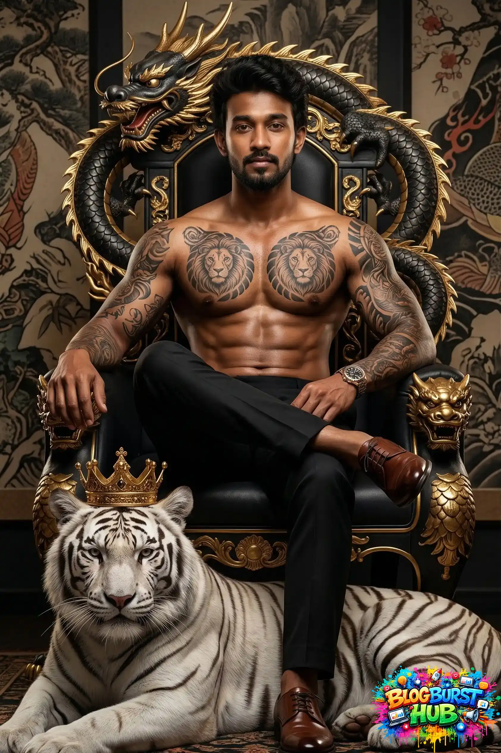 Samurai king sitting on ornate throne with dragon design and white tiger
