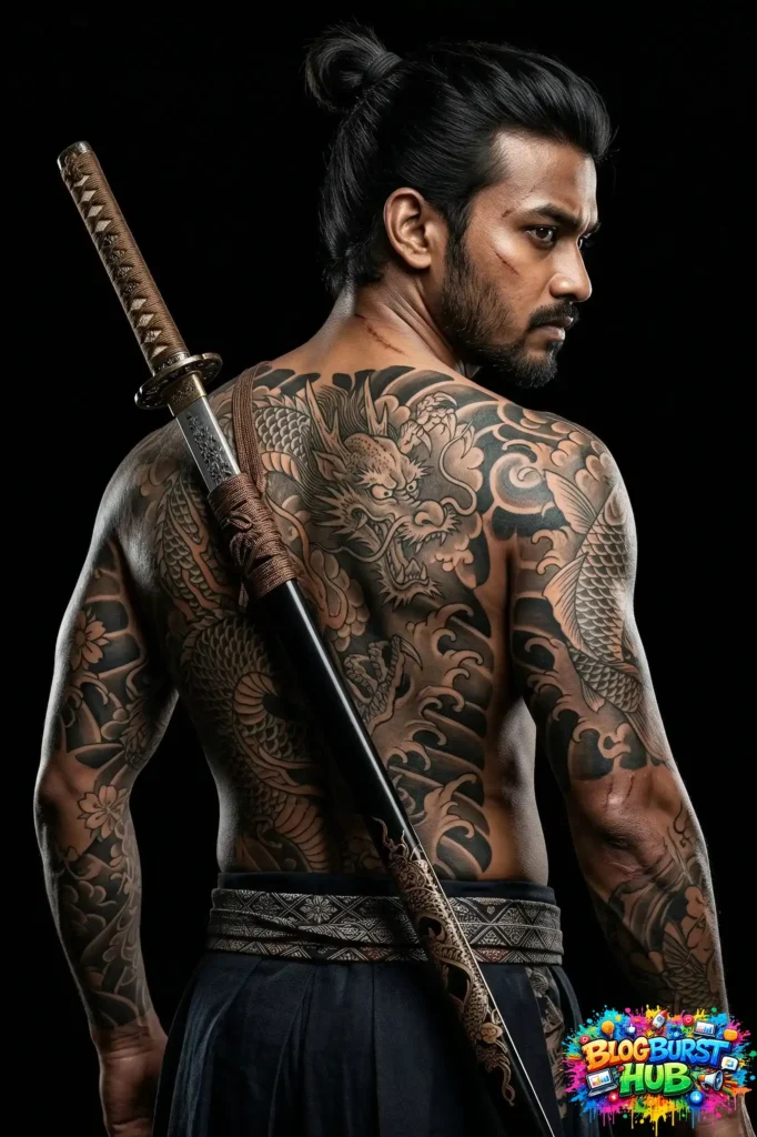Back view of samurai with katana on shoulder showing detailed dragon tattoos