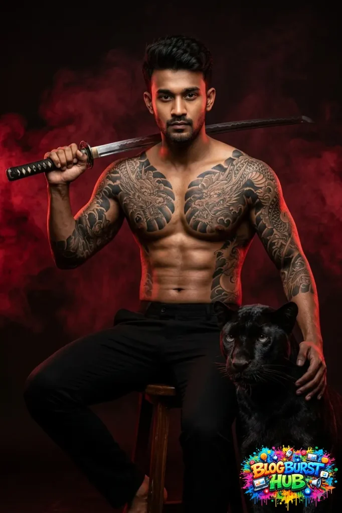 Tattooed samurai holding katana with black panther in red smoke background, cinematic AI art