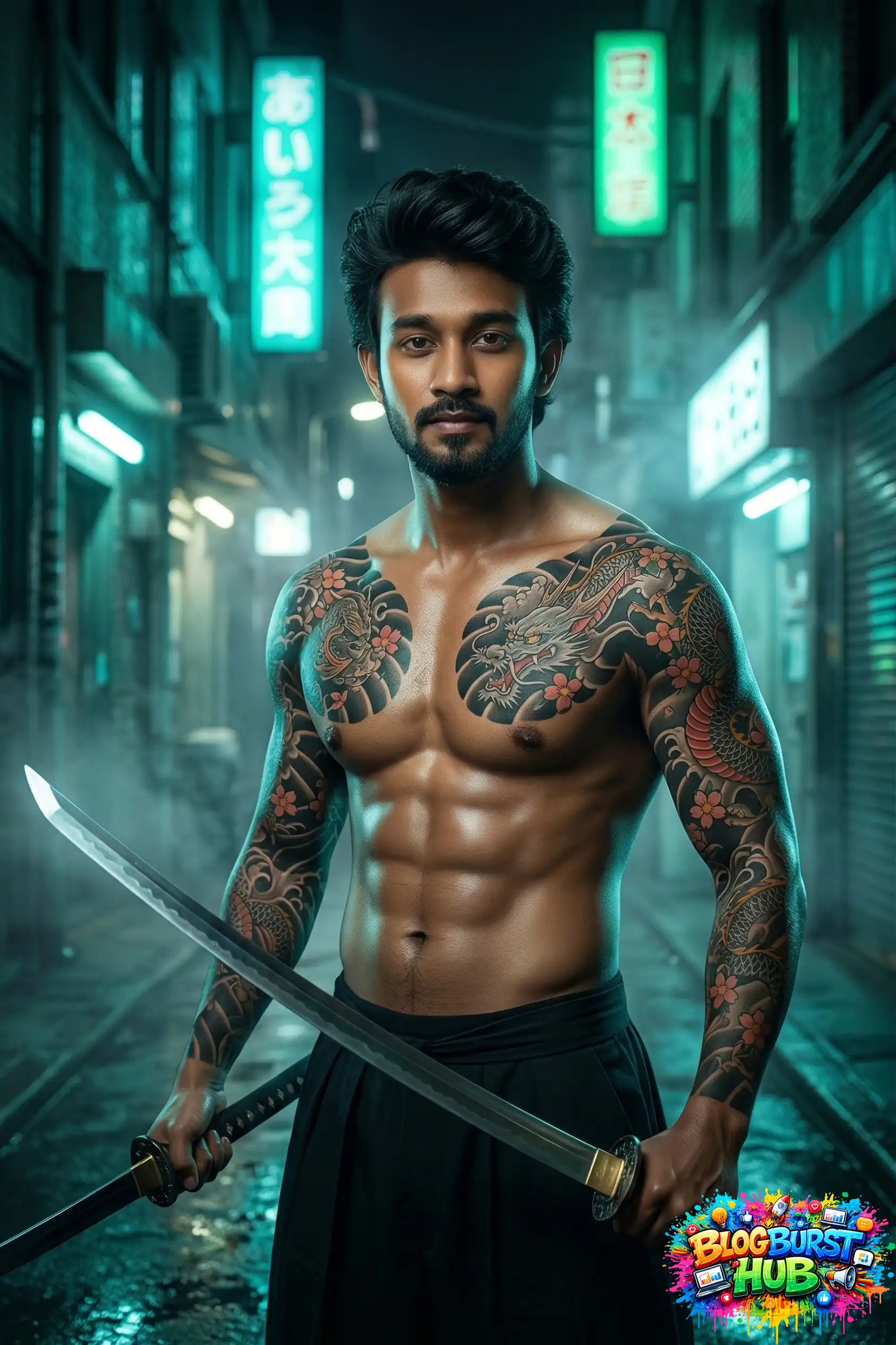 Samurai sitting calmly with full body tattoos in studio lighting