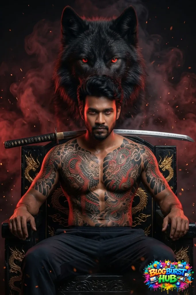 Samurai sitting on throne with black wolf behind him glowing red eyes