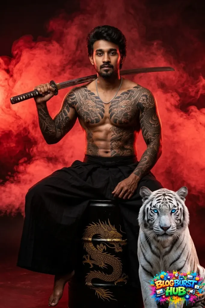 Samurai sitting on drum holding katana with white tiger and red smoke background