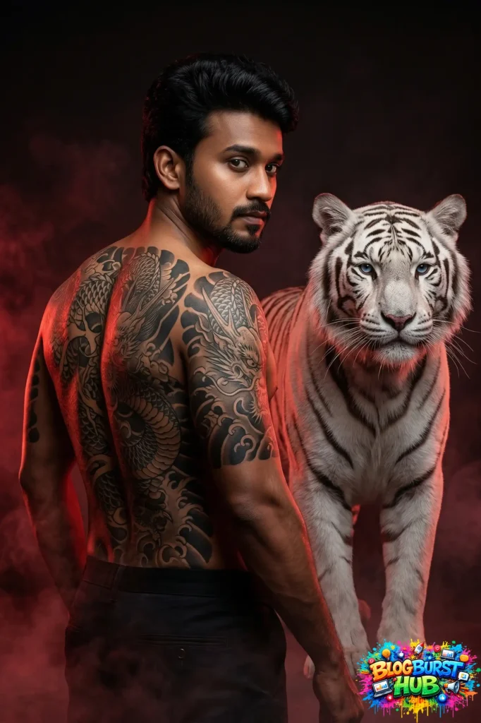 Samurai standing with white tiger in red smoke dramatic lighting
