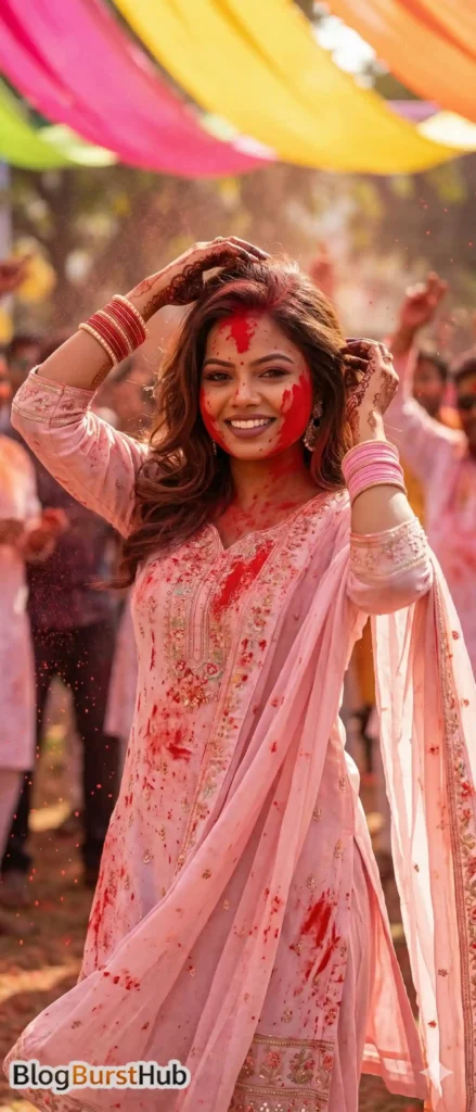 Woman in pink traditional salwar celebrating Holi outdoors with red gulal on face and colorful decorations in background