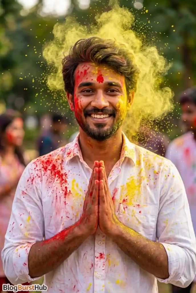 Smiling man with folded hands greeting during Holi with yellow powder cloud behind him