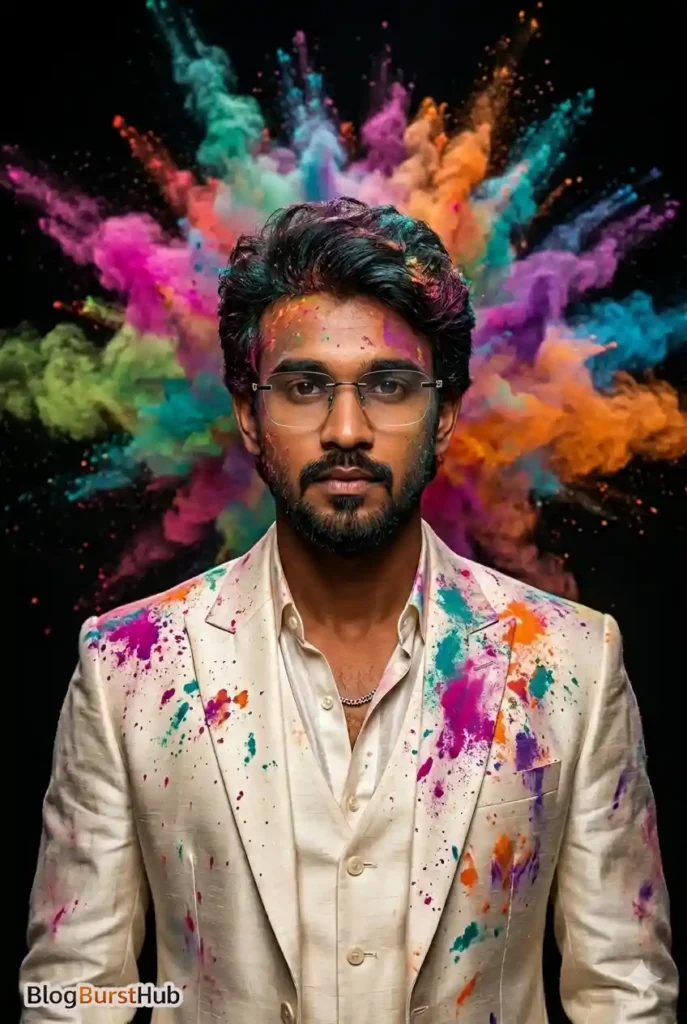 Man in beige suit covered in colorful Holi powder with dramatic color explosion on black background
