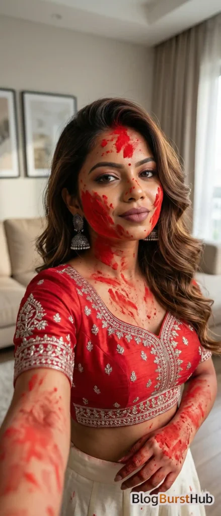 Close-up portrait of woman in red blouse with red Holi powder on face indoors