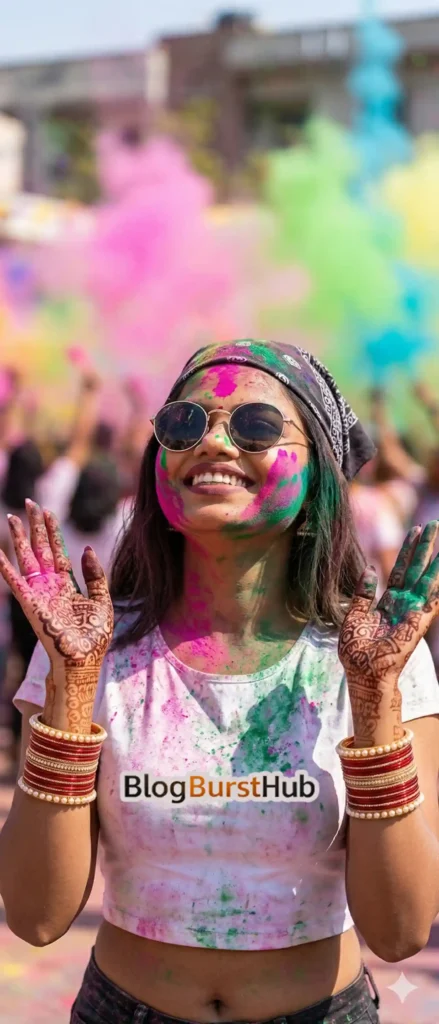 Smiling woman wearing sunglasses and mehndi on hands celebrating Holi with colorful powder outdoors