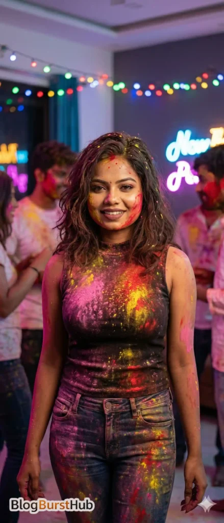 Woman covered in colorful Holi powder at indoor party with neon lights and friends in background