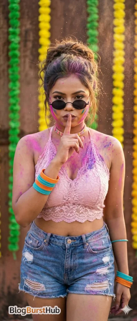 Woman wearing sunglasses and colorful bangles posing during Holi outdoor celebration