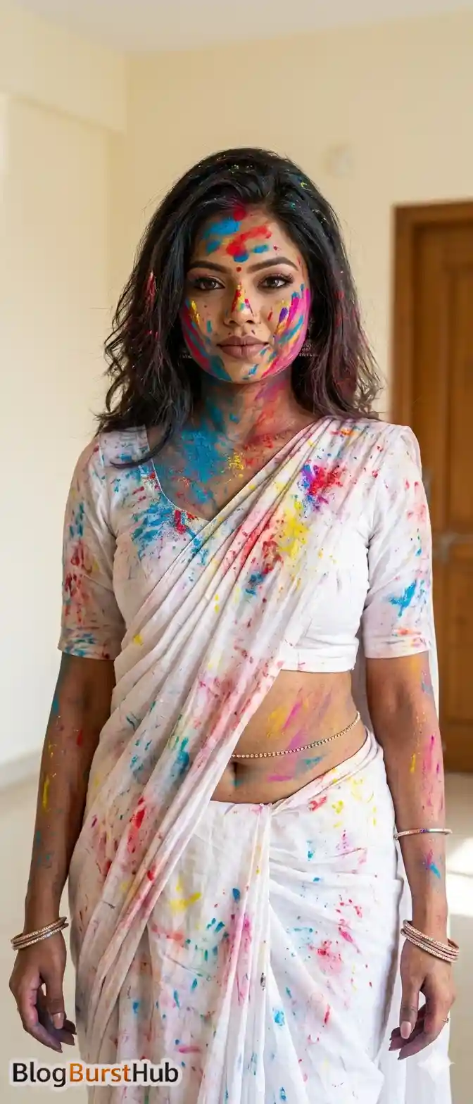 Woman wearing white saree covered in colorful Holi powder standing indoors
