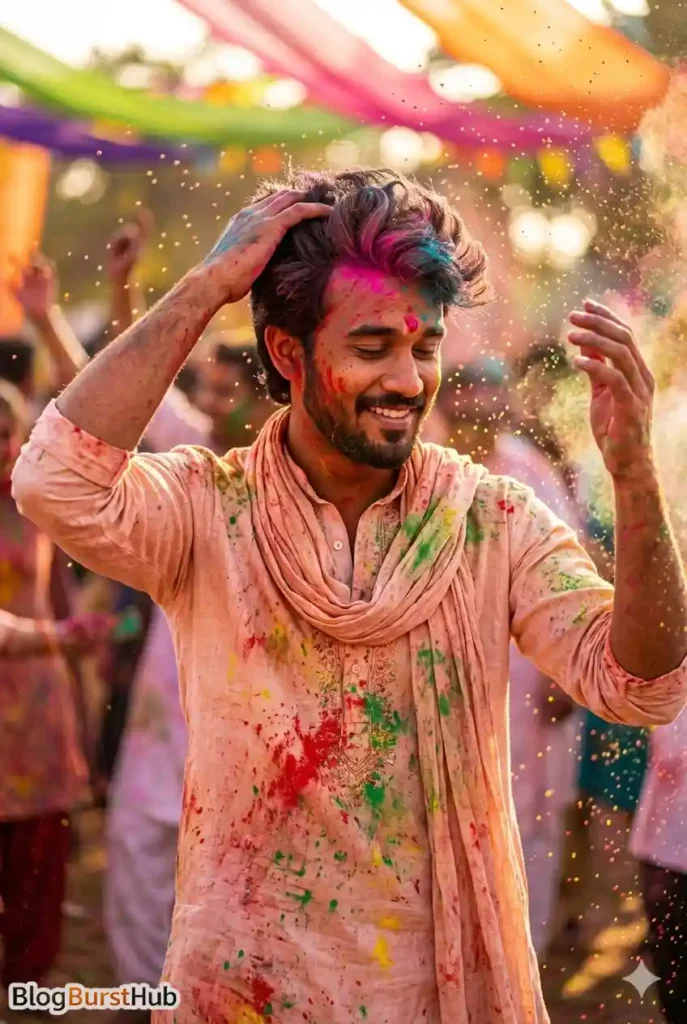 Young man dancing at Holi festival with colorful powder on face and clothes
