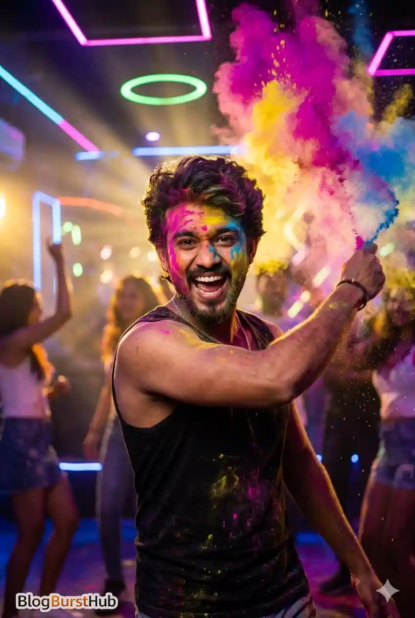 Man throwing colorful powder at Holi night party with neon lights and dancing crowd