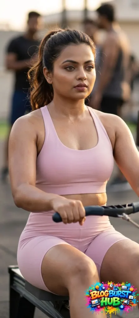 Woman doing outdoor cardio workout with intense focus and athletic energy