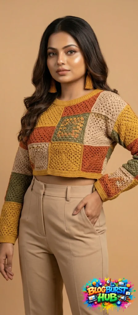 Woman wearing a colorful crochet patchwork sweater with beige pants in a studio setting
